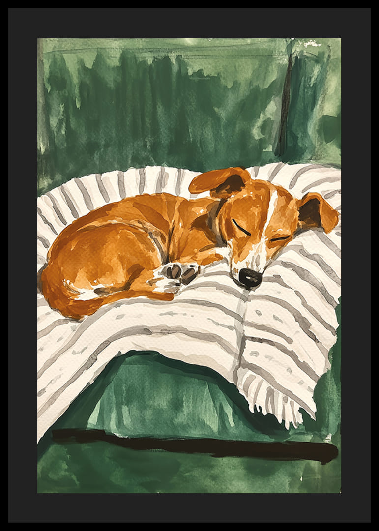 En poster av en sovande valp på en randig filt-12