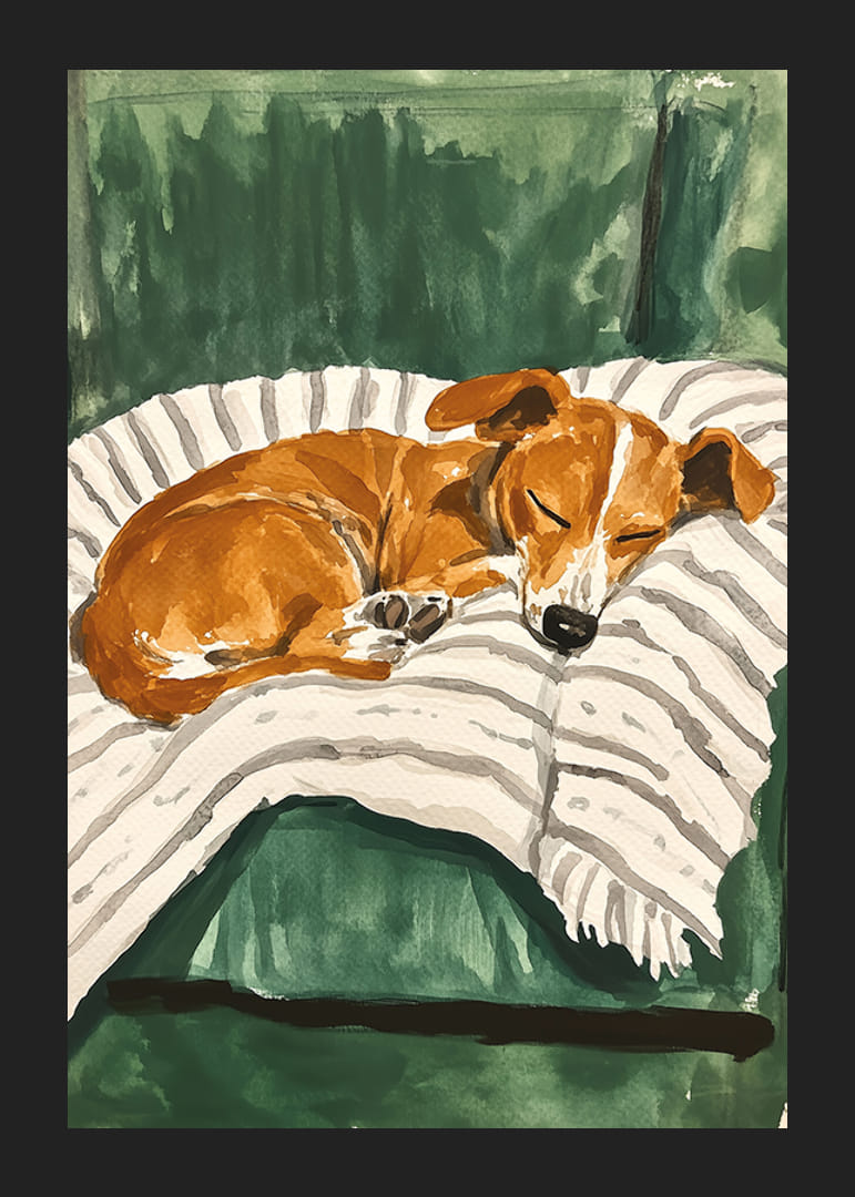 En poster av en sovande valp på en randig filt-12