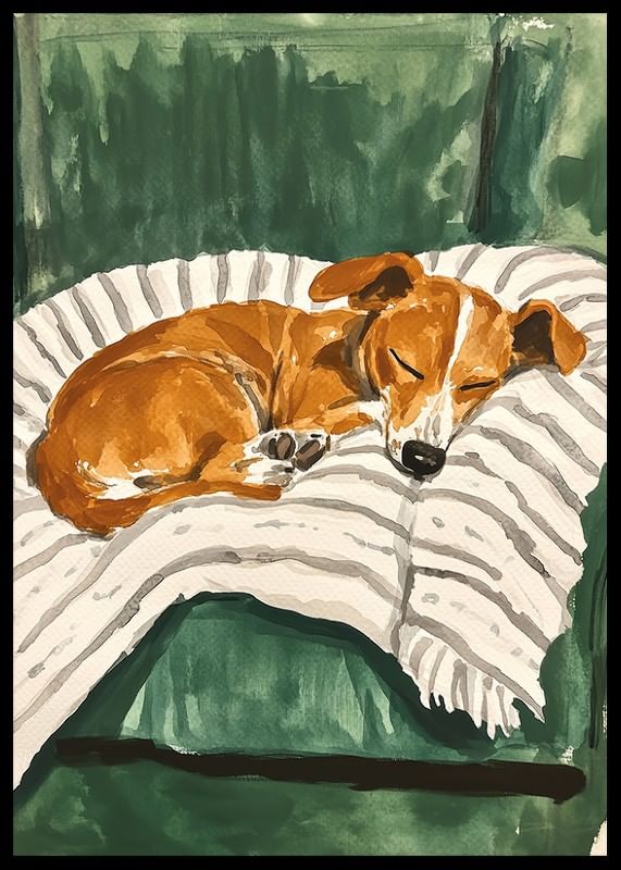 Een poster van een slapende puppy op een gestreepte deken-12
