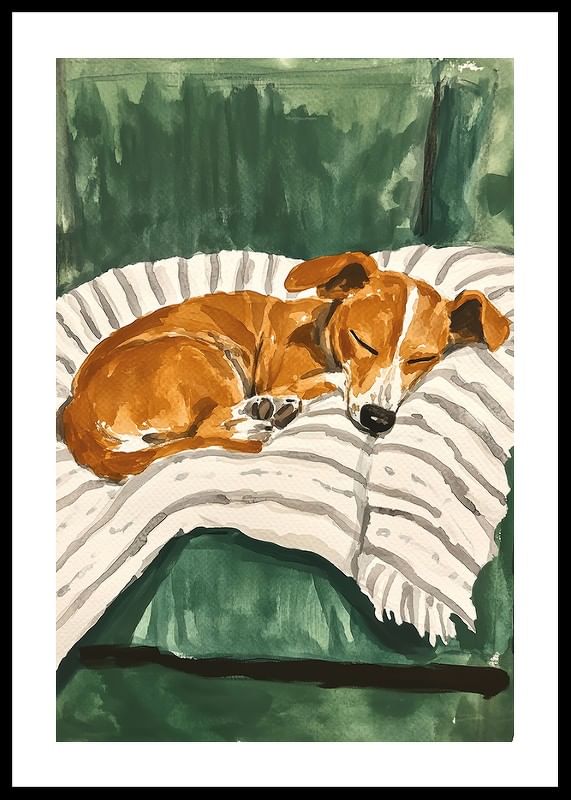 Een poster van een slapende puppy op een gestreepte deken-12