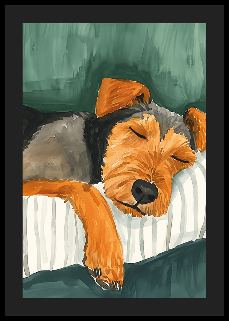 Een poster van een slapende hond op een gestreept kussen-12