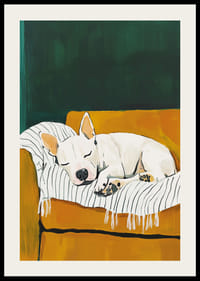 A poster of a sleeping white dog on a striped blanket-2