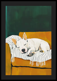 A poster of a sleeping white dog on a striped blanket-4