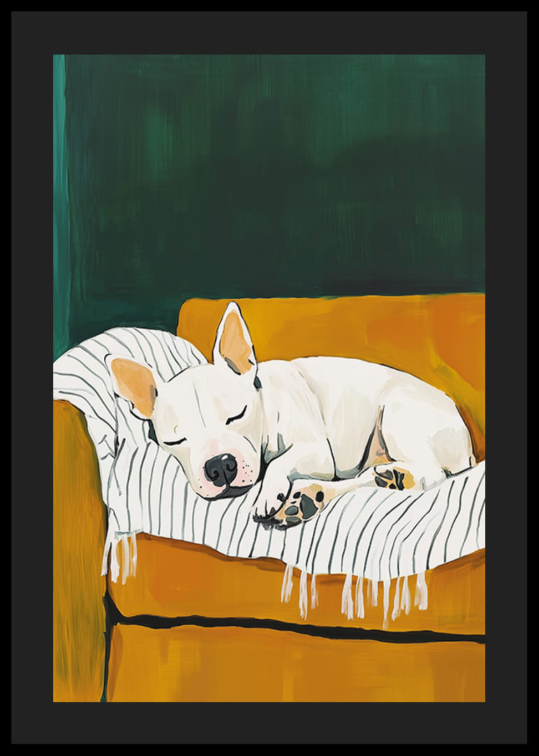 A poster of a sleeping white dog on a striped blanket-12