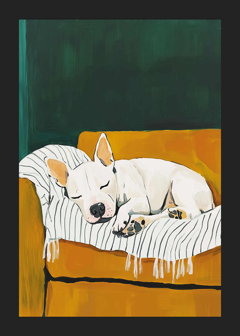 A poster of a sleeping white dog on a striped blanket-12