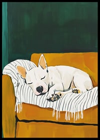 A poster of a sleeping white dog on a striped blanket-6