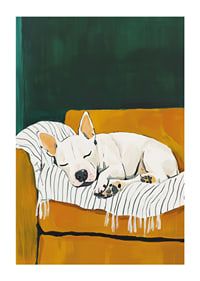 A poster of a sleeping white dog on a striped blanket-1