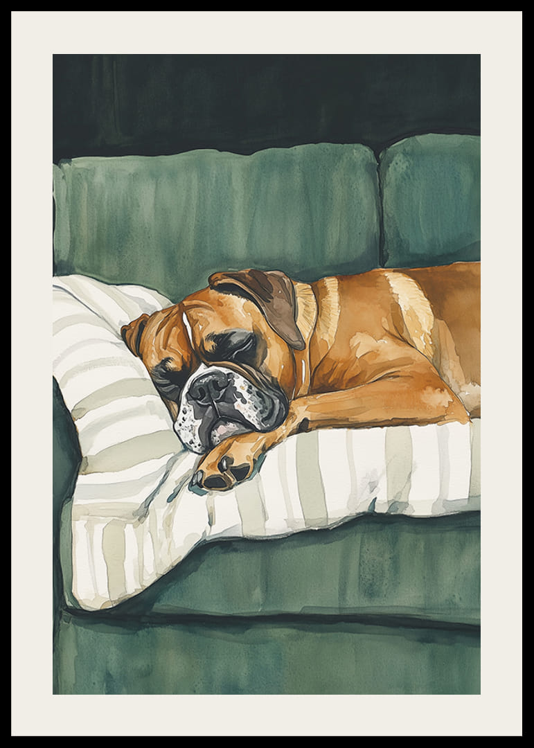 Un afiș cu un boxer adormit pe o pernă în dungi-12