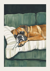 A poster of a sleeping boxer on a striped pillow-3