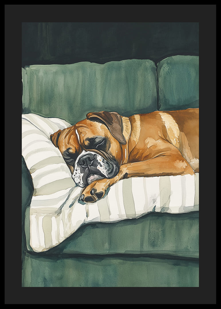 Un afiș cu un boxer adormit pe o pernă în dungi-12