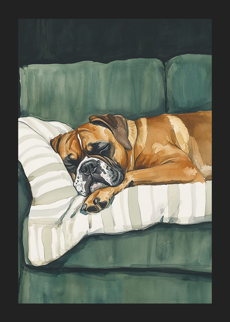 Un afiș cu un boxer adormit pe o pernă în dungi-12