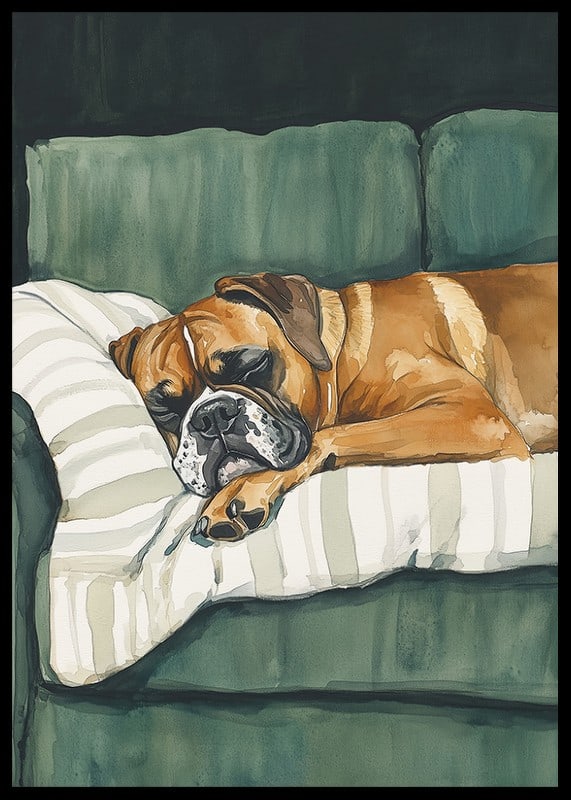 A poster of a sleeping boxer on a striped pillow-12