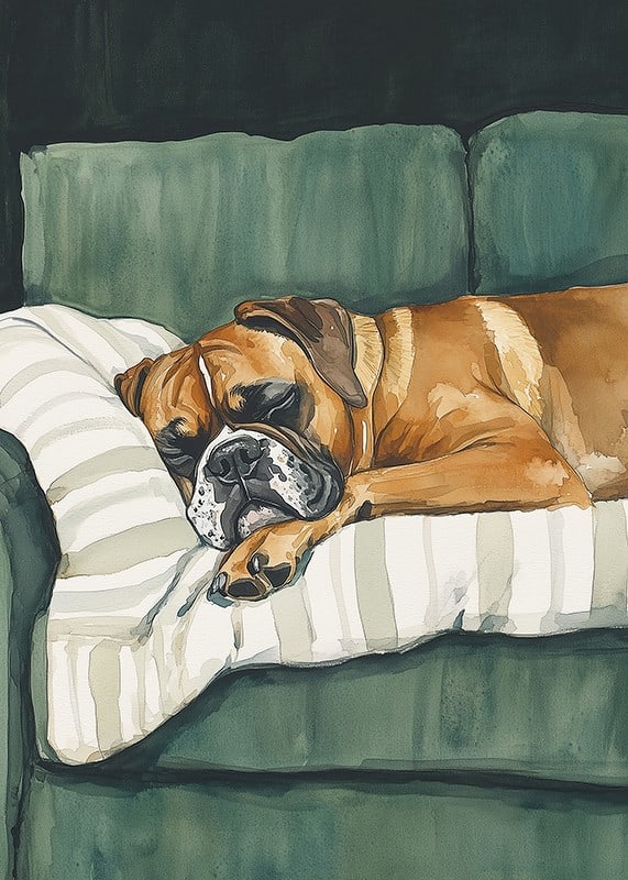 A poster of a sleeping boxer on a striped pillow-12