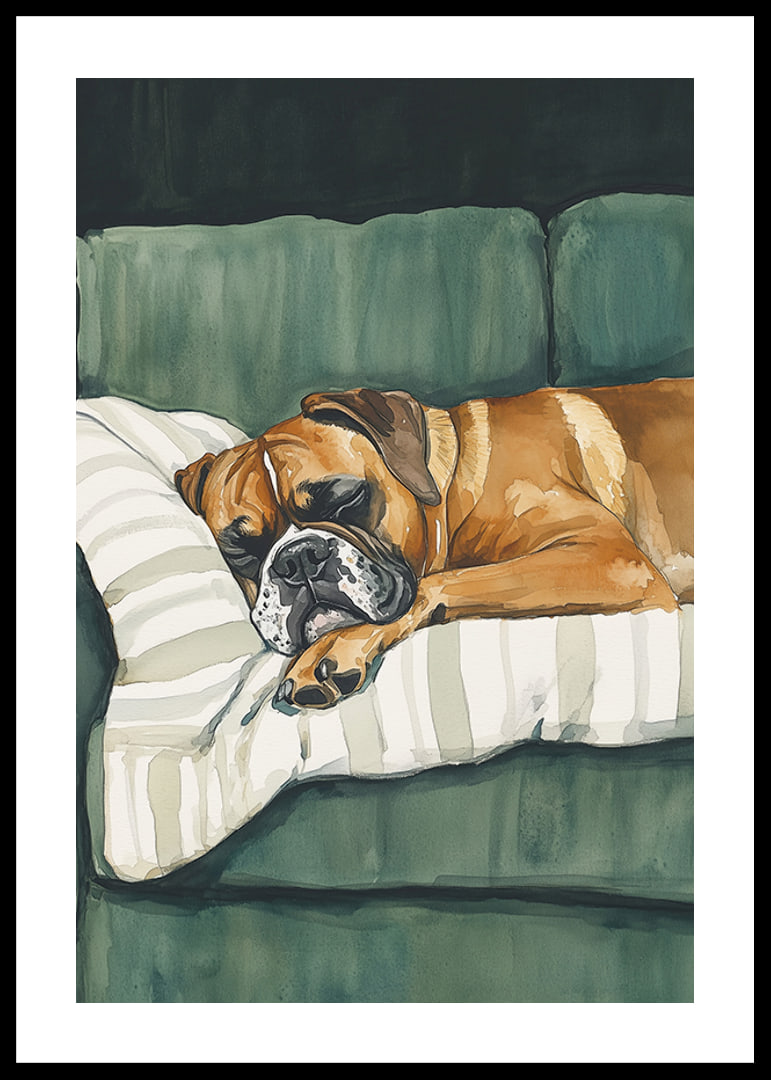 A poster of a sleeping boxer on a striped pillow-12