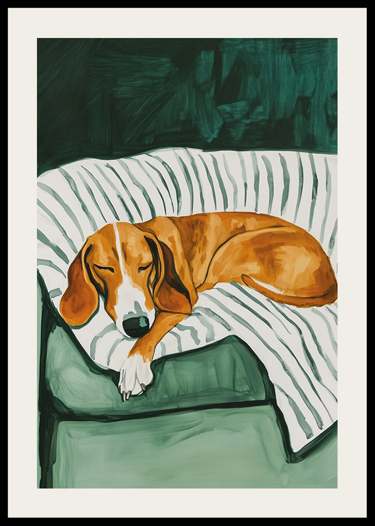 En poster som föreställer en sovande hund på en randig filt-12