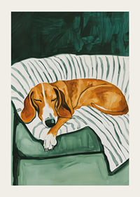 En poster som föreställer en sovande hund på en randig filt-3