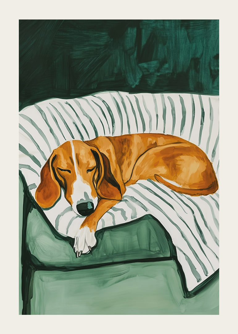 En poster som föreställer en sovande hund på en randig filt-12