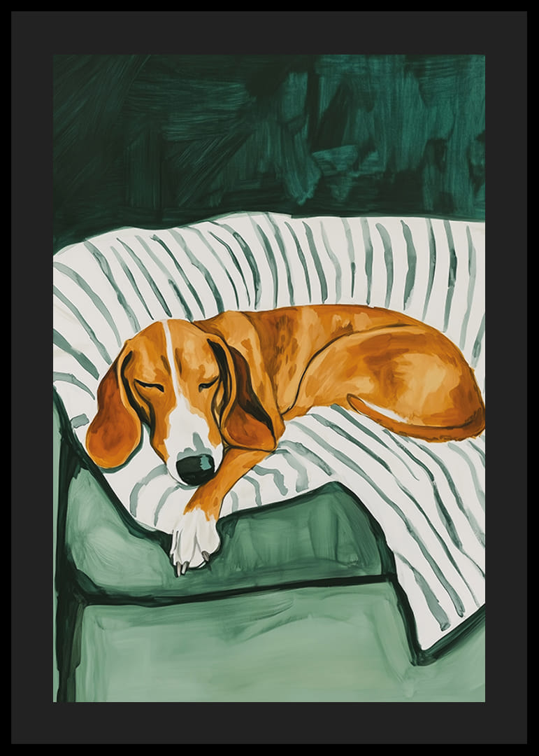 En poster som föreställer en sovande hund på en randig filt-12