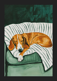 En poster som föreställer en sovande hund på en randig filt-5