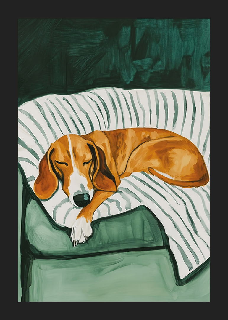 En poster som föreställer en sovande hund på en randig filt-12