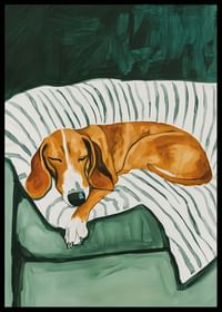 Une affiche représentant un chien endormi sur une couverture rayée-2