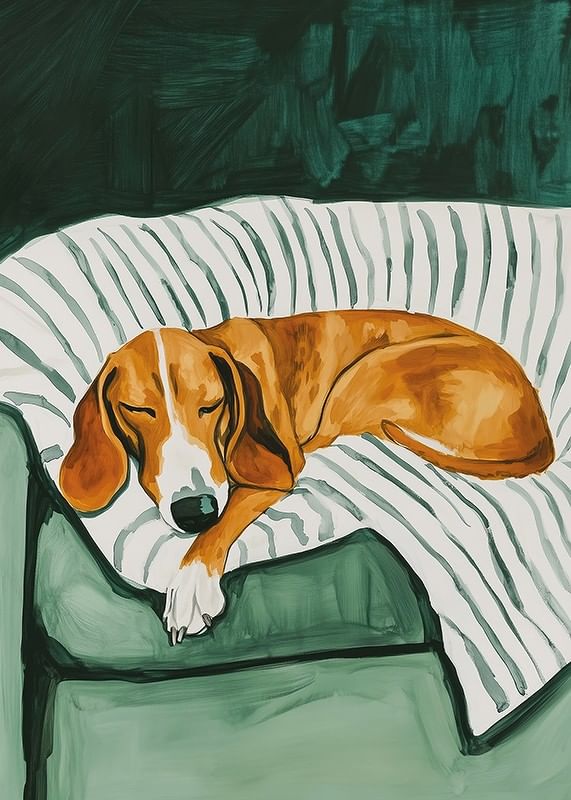 Une affiche représentant un chien endormi sur une couverture rayée-12