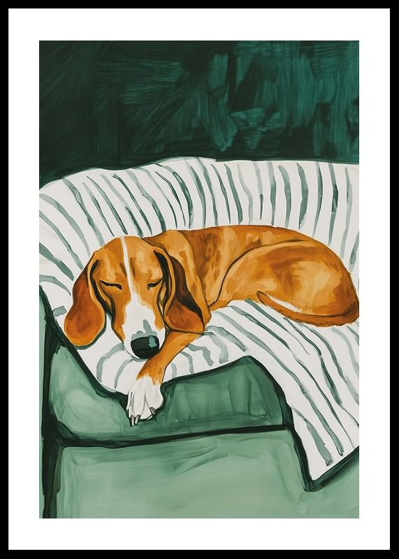 Une affiche représentant un chien endormi sur une couverture rayée-12