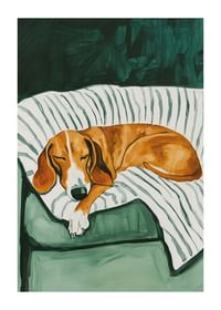 Une affiche représentant un chien endormi sur une couverture rayée-1