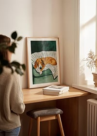 En poster som föreställer en sovande hund på en randig filt-8