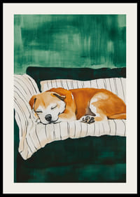 A poster of a sleeping dog on a striped blanket-2