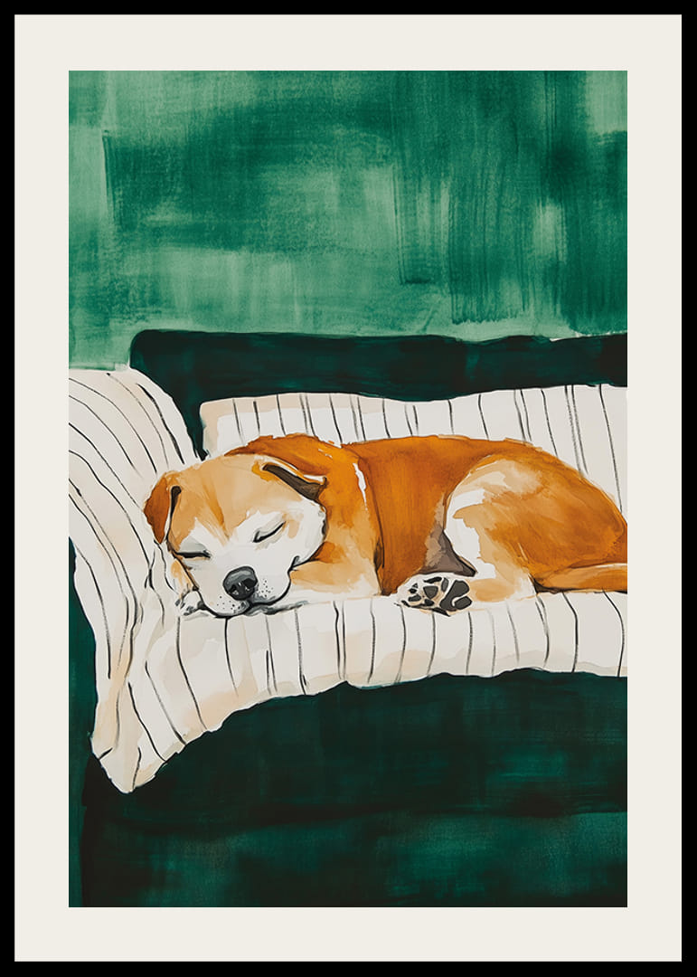 A poster of a sleeping dog on a striped blanket-12