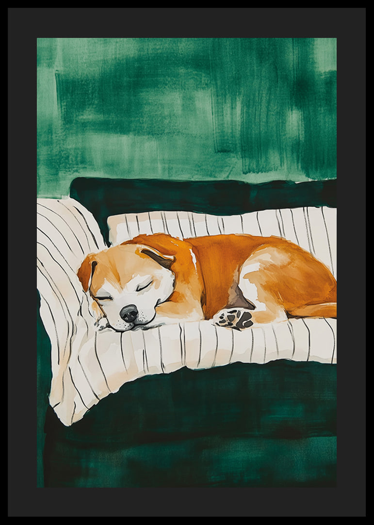 A poster of a sleeping dog on a striped blanket-12