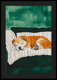 A poster of a sleeping dog on a striped blanket-4