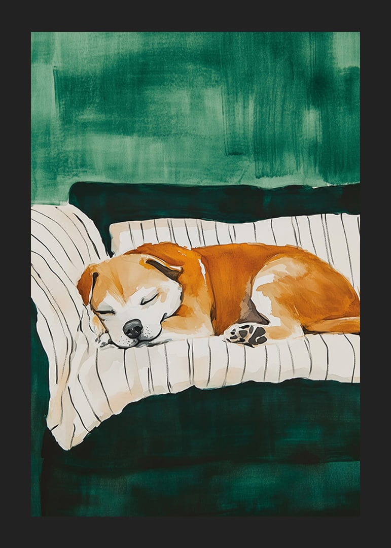 A poster of a sleeping dog on a striped blanket-12