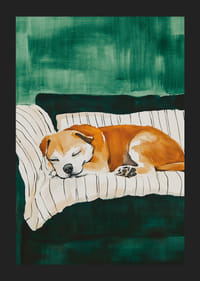 A poster of a sleeping dog on a striped blanket-5