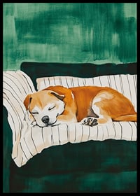 A poster of a sleeping dog on a striped blanket-6