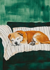 A poster of a sleeping dog on a striped blanket-7