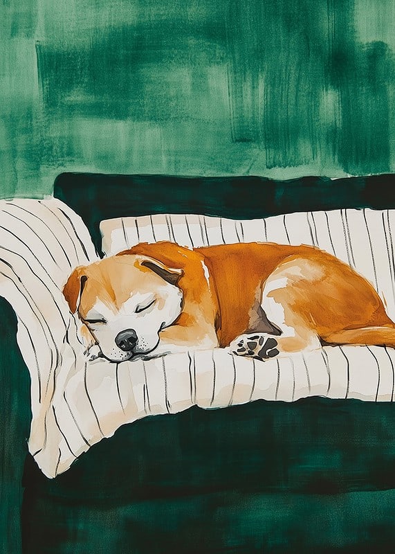 A poster of a sleeping dog on a striped blanket-12