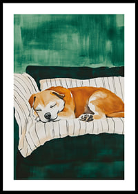 A poster of a sleeping dog on a striped blanket-0