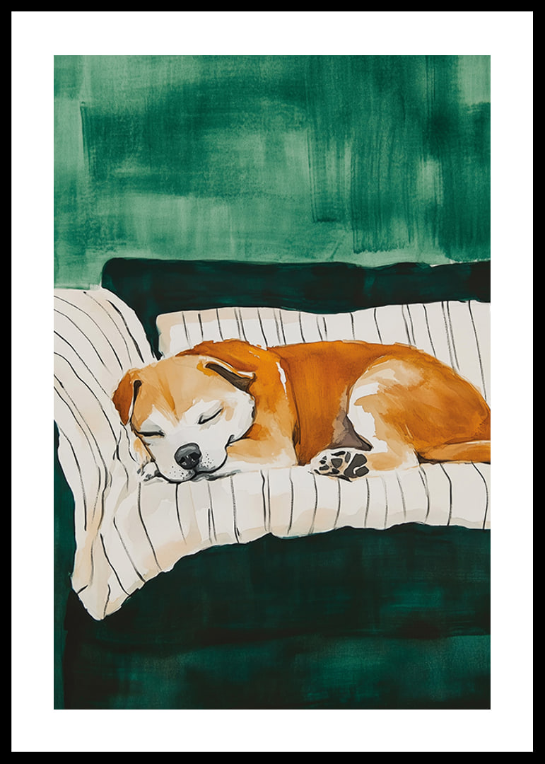 A poster of a sleeping dog on a striped blanket-12