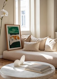 A poster of a sleeping dog on a striped blanket-8