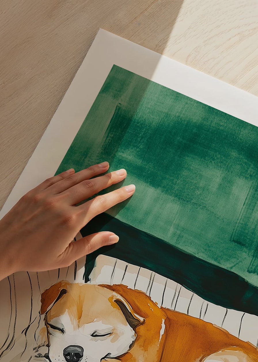 A poster of a sleeping dog on a striped blanket-12