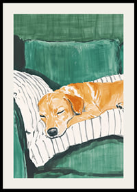 A poster of a sleeping dog on a striped pillow-2