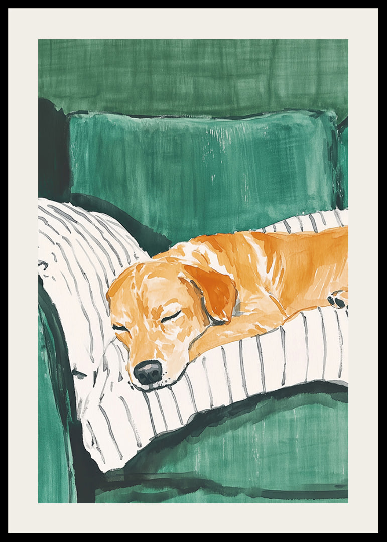 A poster of a sleeping dog on a striped pillow-12
