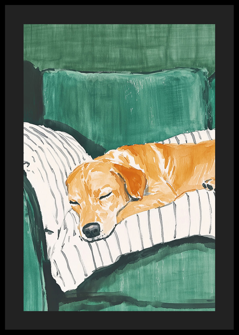 A poster of a sleeping dog on a striped pillow-12