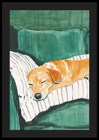 Un afiș cu un câine adormit pe o pernă în dungi-4