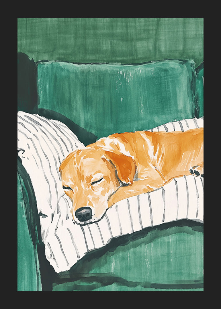 A poster of a sleeping dog on a striped pillow-12