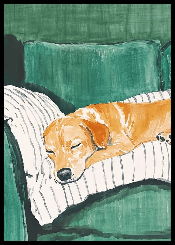 A poster of a sleeping dog on a striped pillow-12
