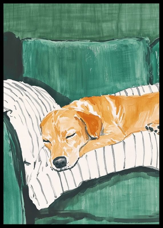 A poster of a sleeping dog on a striped pillow-12