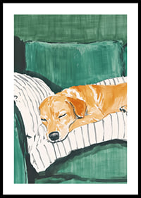 A poster of a sleeping dog on a striped pillow-0